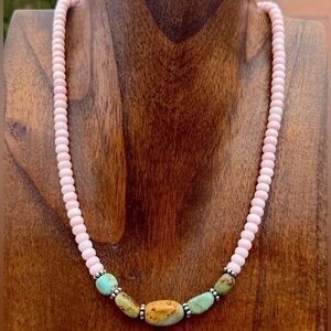 Handmade Pink Beaded Necklace with Turquoise Accents